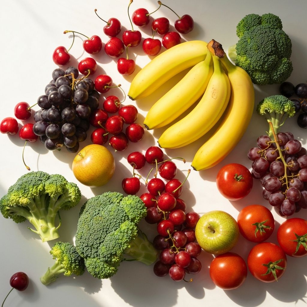 Fresh vegetables and fruits representing digestive-friendly nutrition